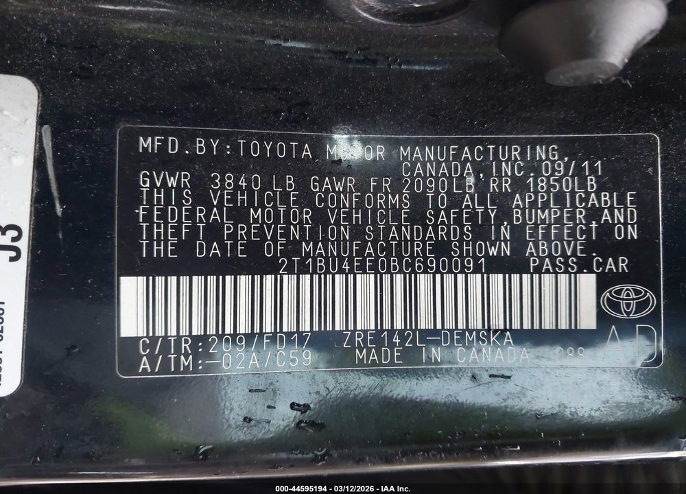 2011 TOYOTA COROLLA S VIN: 2T1BU4EE0BC690091