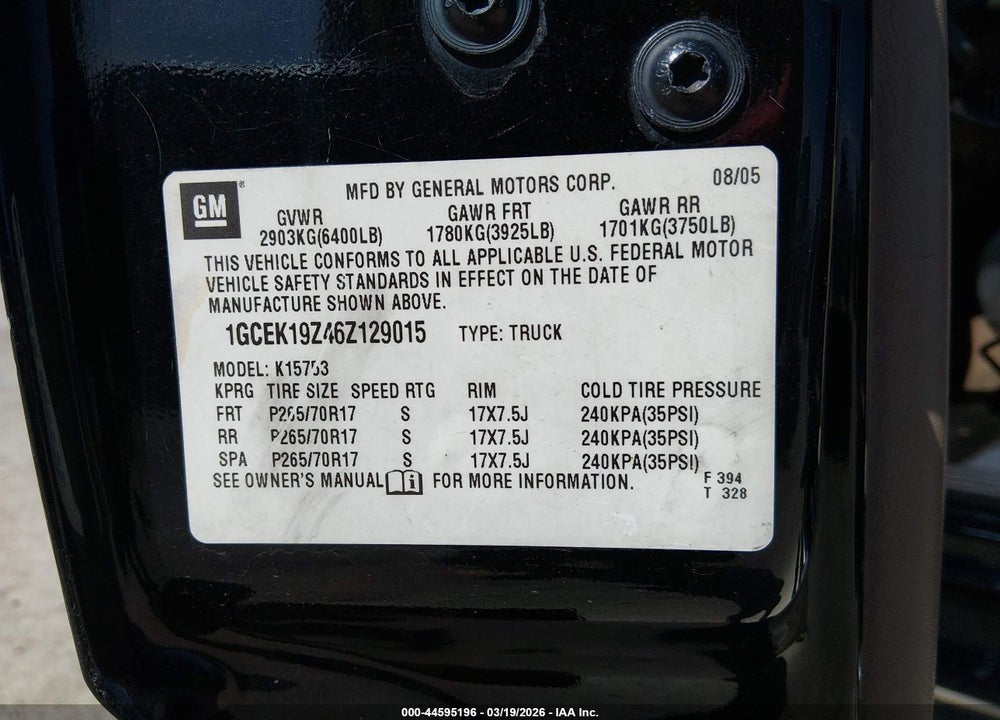 2006 CHEVROLET SILVERADO 1500 LT1 VIN: 1GCEK19Z46Z129015