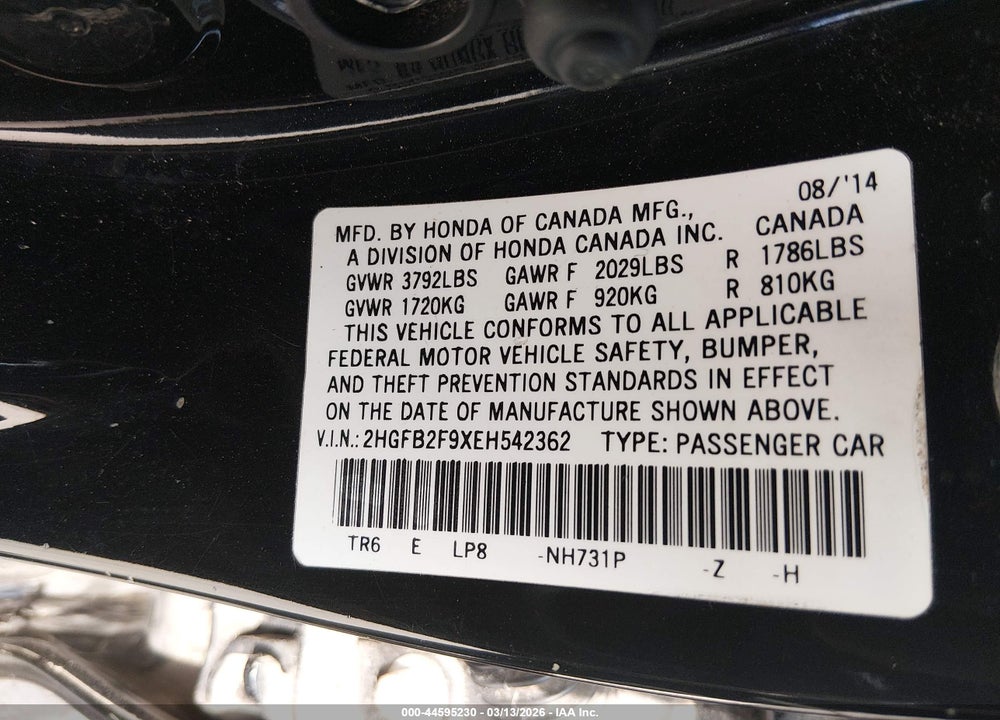 2014 HONDA CIVIC EXL VIN: 2HGFB2F9XEH542362