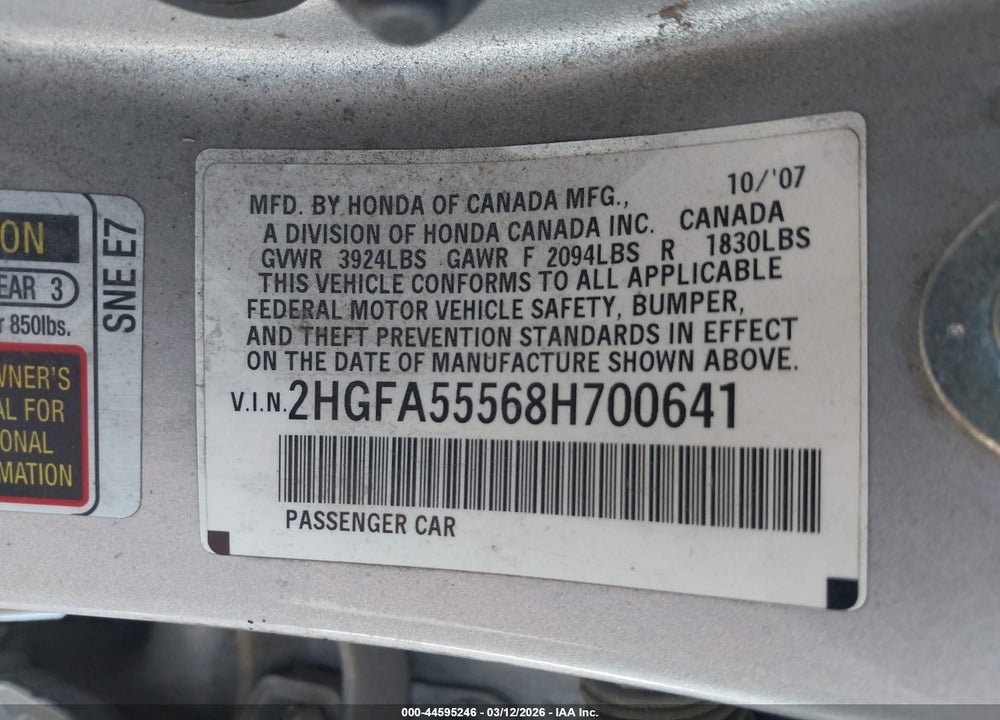 2008 HONDA CIVIC SI/SI MUGEN VIN: 2HGFA55568H700641