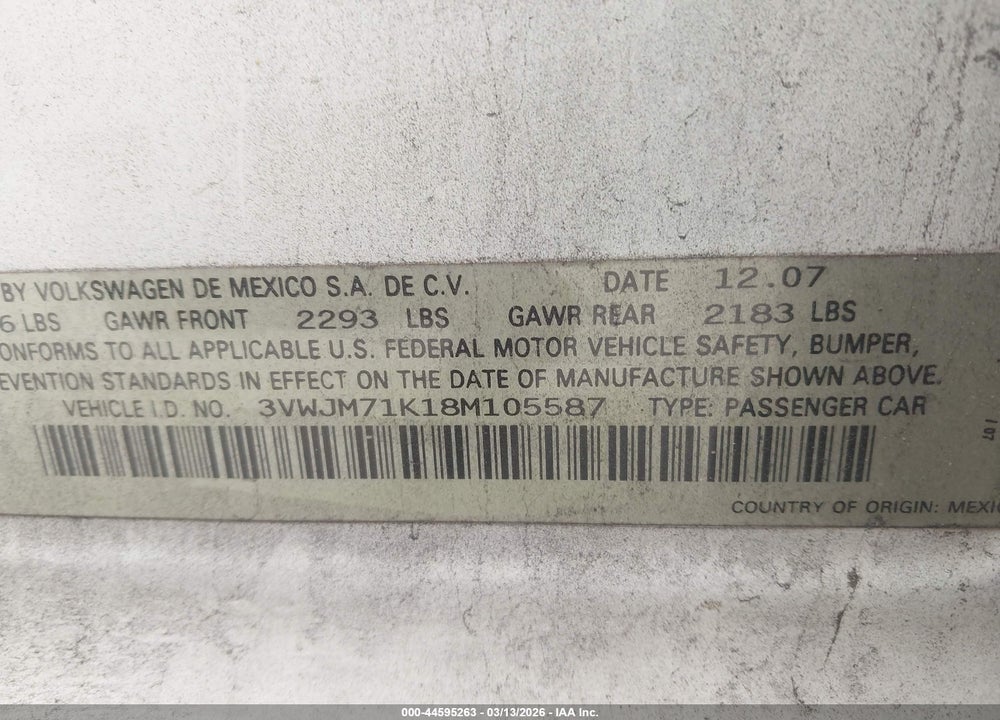 2008 VOLKSWAGEN JETTA S VIN: 3VWJM71K18M105587
