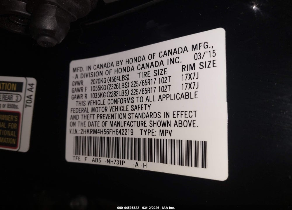 2015 HONDA CR-V EX VIN: 2HKRM4H56FH642219