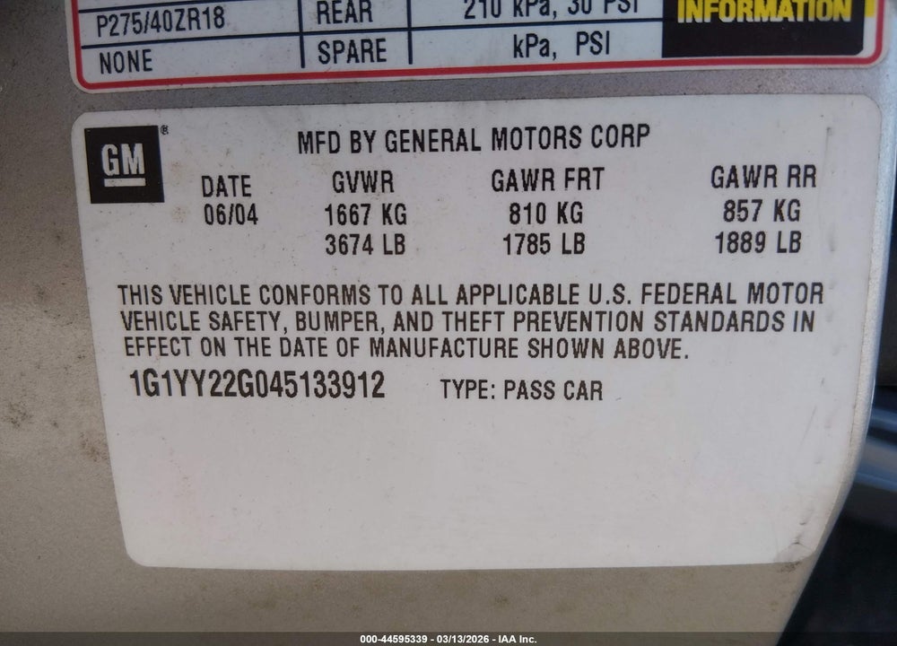 2004 CHEVROLET CORVETTE VIN: 1G1YY22G045133912