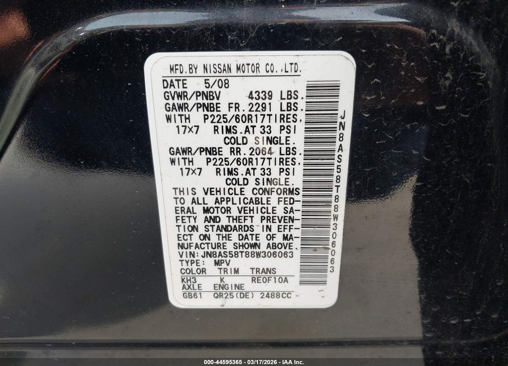 2008 NISSAN ROGUE SL VIN: JN8AS58T88W306063