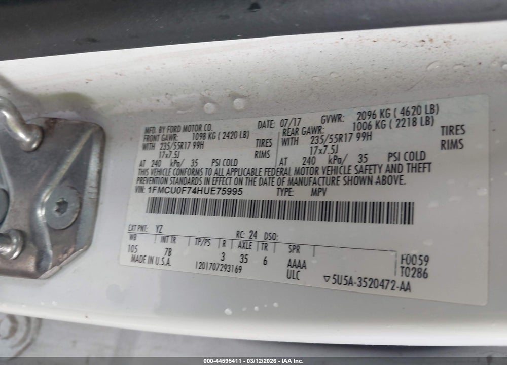 2017 FORD ESCAPE S VIN: 1FMCU0F74HUE75995