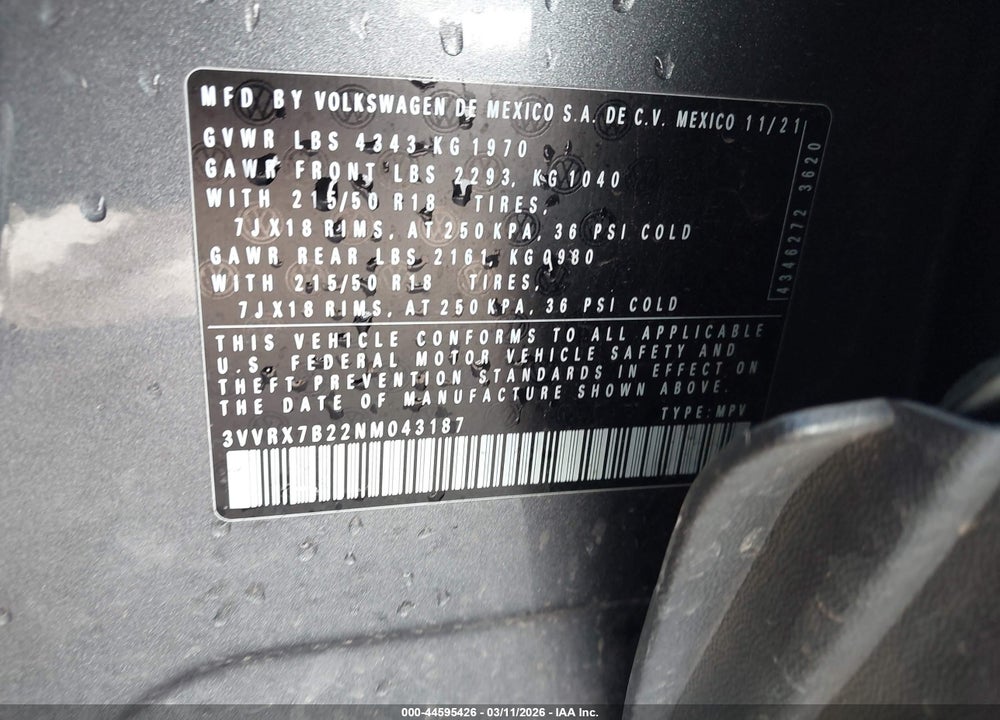 2022 VOLKSWAGEN TAOS 1.5T SE VIN: 3VVRX7B22NM043187