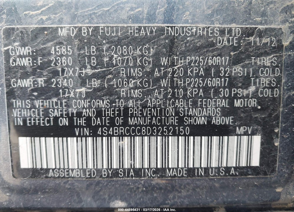 2013 SUBARU OUTBACK 2.5I PREMIUM VIN: 4S4BRCCC8D3252150