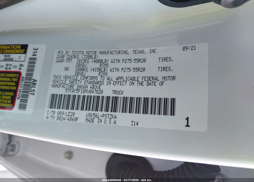 2021 TOYOTA TUNDRA PLATINUM VIN: 5TFAY5F18MX047820