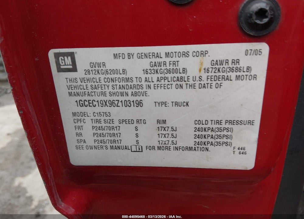 2006 CHEVROLET SILVERADO 1500 WORK TRUCK VIN: 1GCEC19X96Z103196