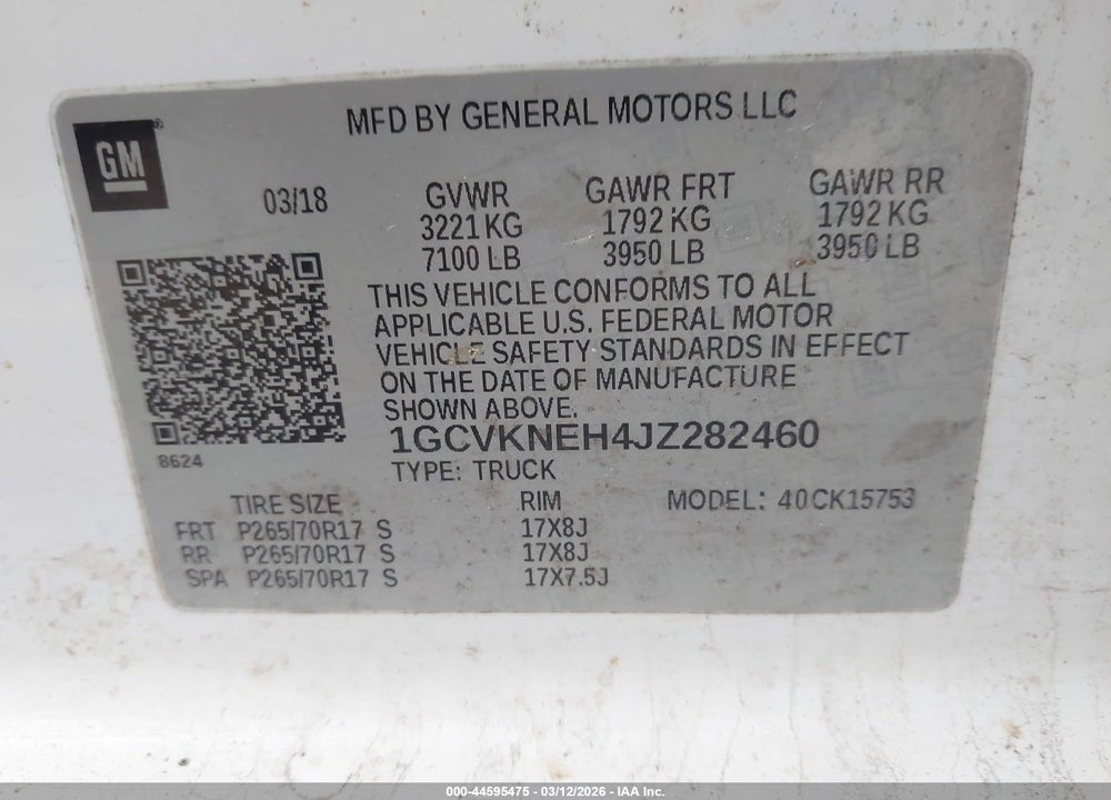 2018 CHEVROLET SILVERADO 1500 WT VIN: 1GCVKNEH4JZ282460