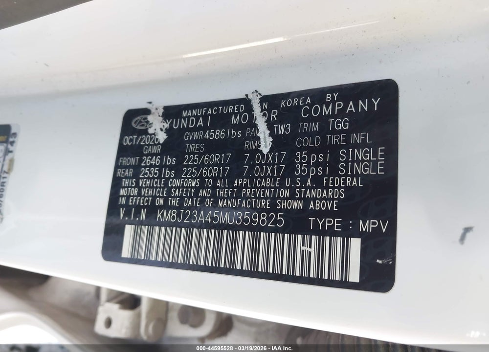 2021 HYUNDAI TUCSON SE VIN: KM8J23A45MU359825