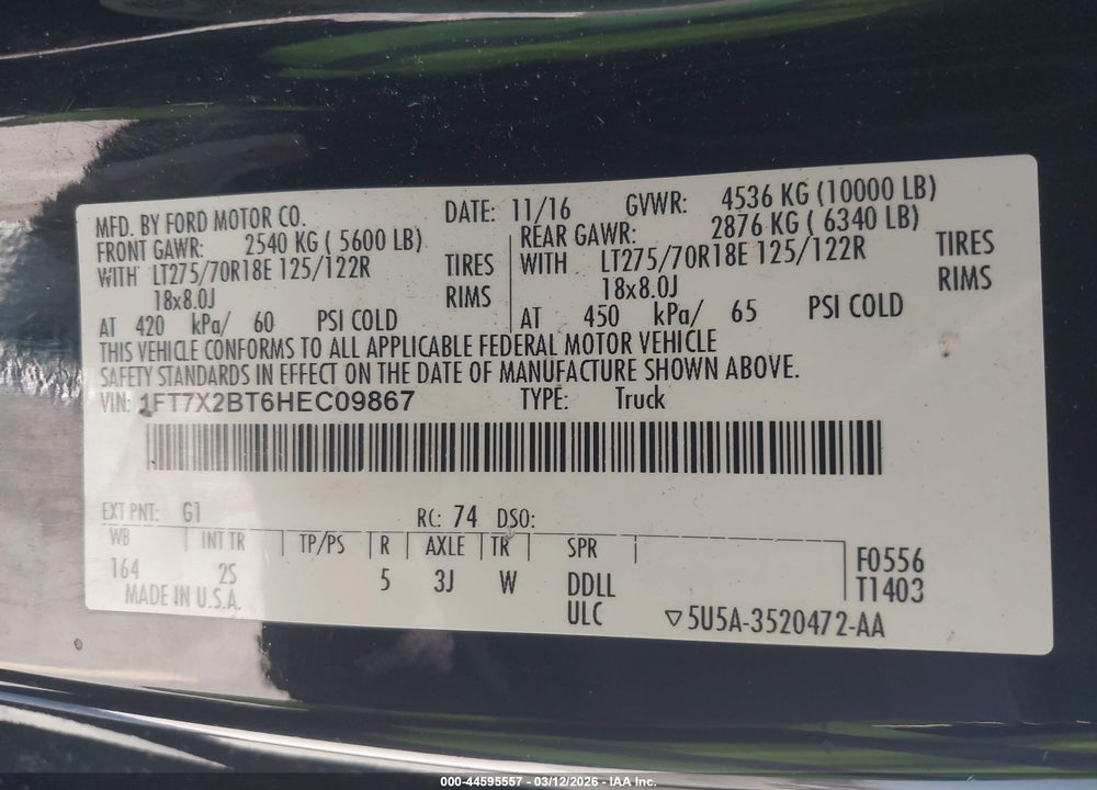 2017 FORD F-250 XLT VIN: 1FT7X2BT6HEC09867