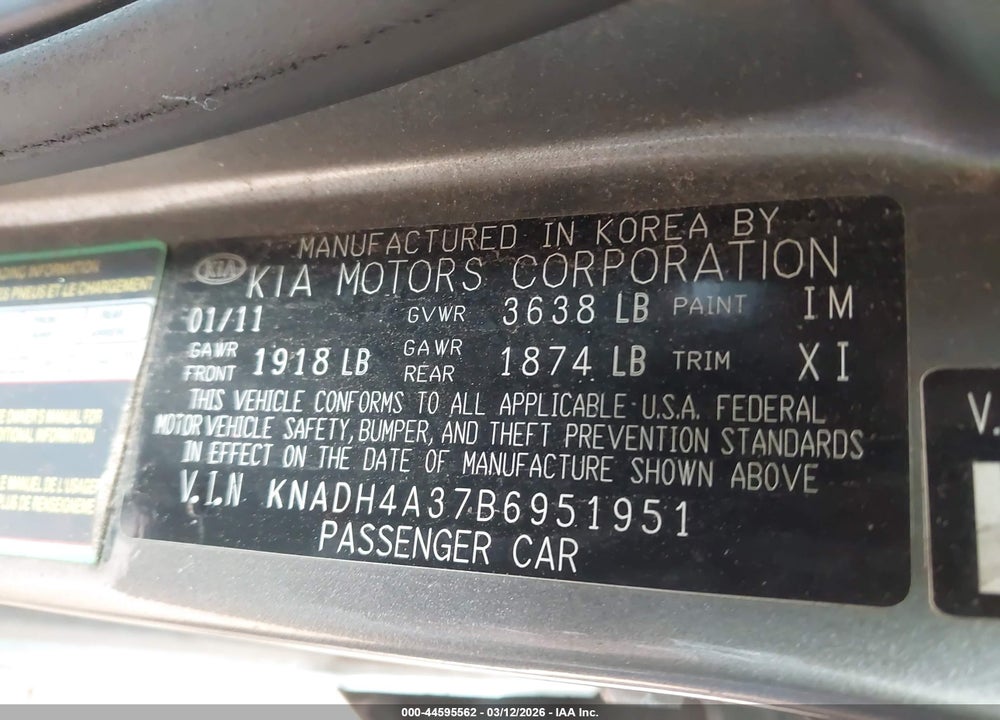2011 KIA RIO LX VIN: KNADH4A37B6951951