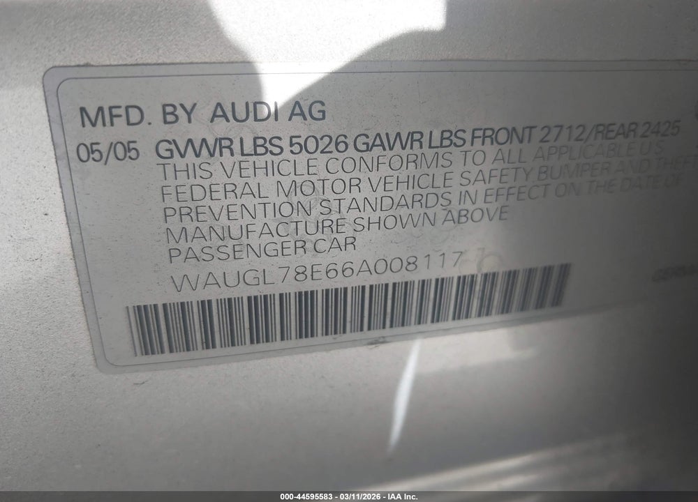 2006 AUDI S4 4.2 VIN: WAUGL78E66A008117