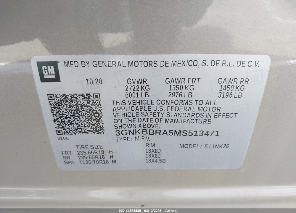 2021 CHEVROLET BLAZER FWD 1LT VIN: 3GNKBBRA5MS513471