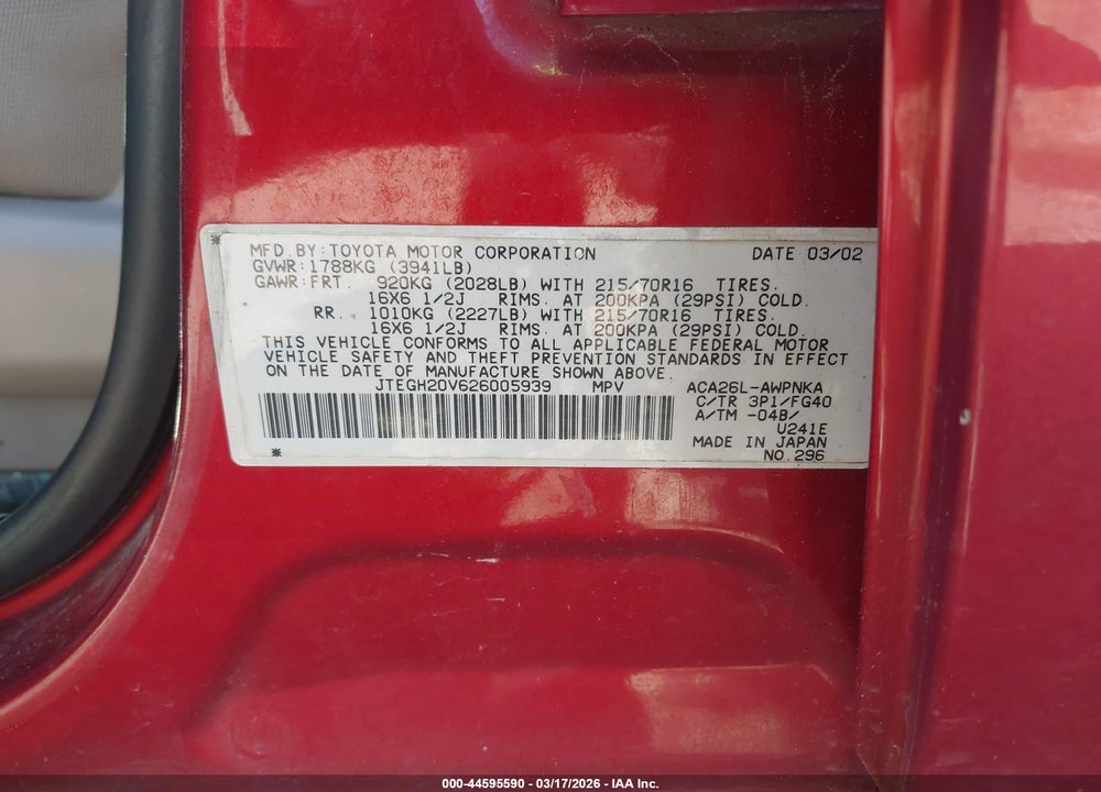 2002 TOYOTA RAV4 VIN: JTEGH20V626005939