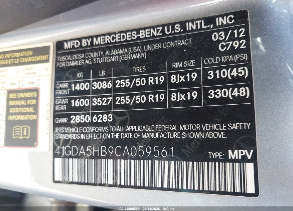 2012 MERCEDES-BENZ ML 350 4MATIC VIN: 4JGDA5HB9CA059561
