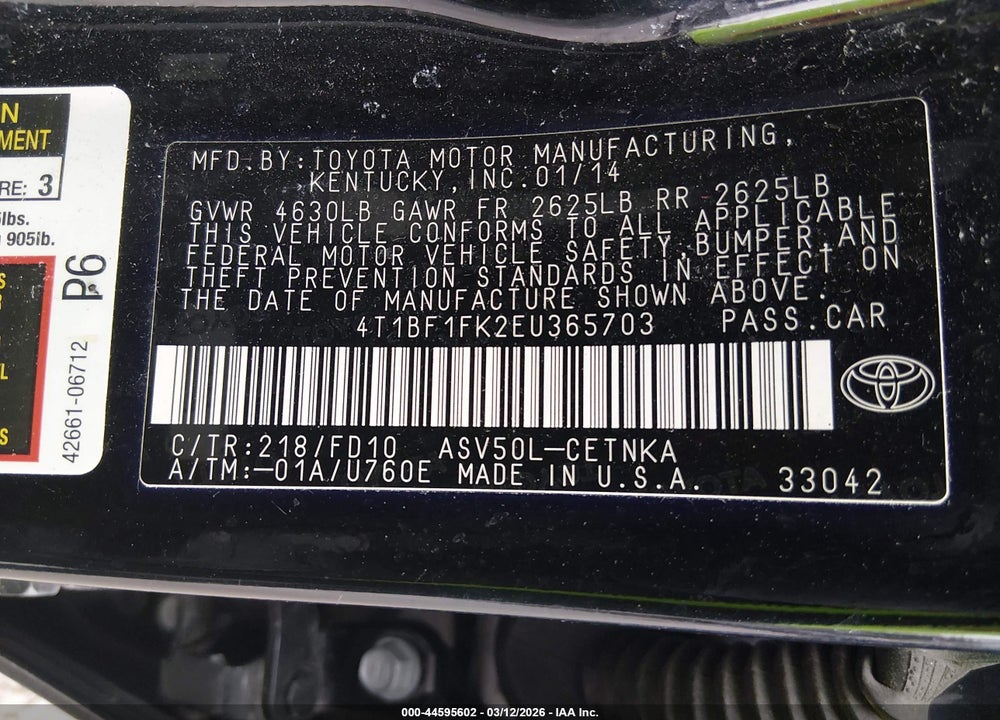 2014 TOYOTA CAMRY LE VIN: 4T1BF1FK2EU365703