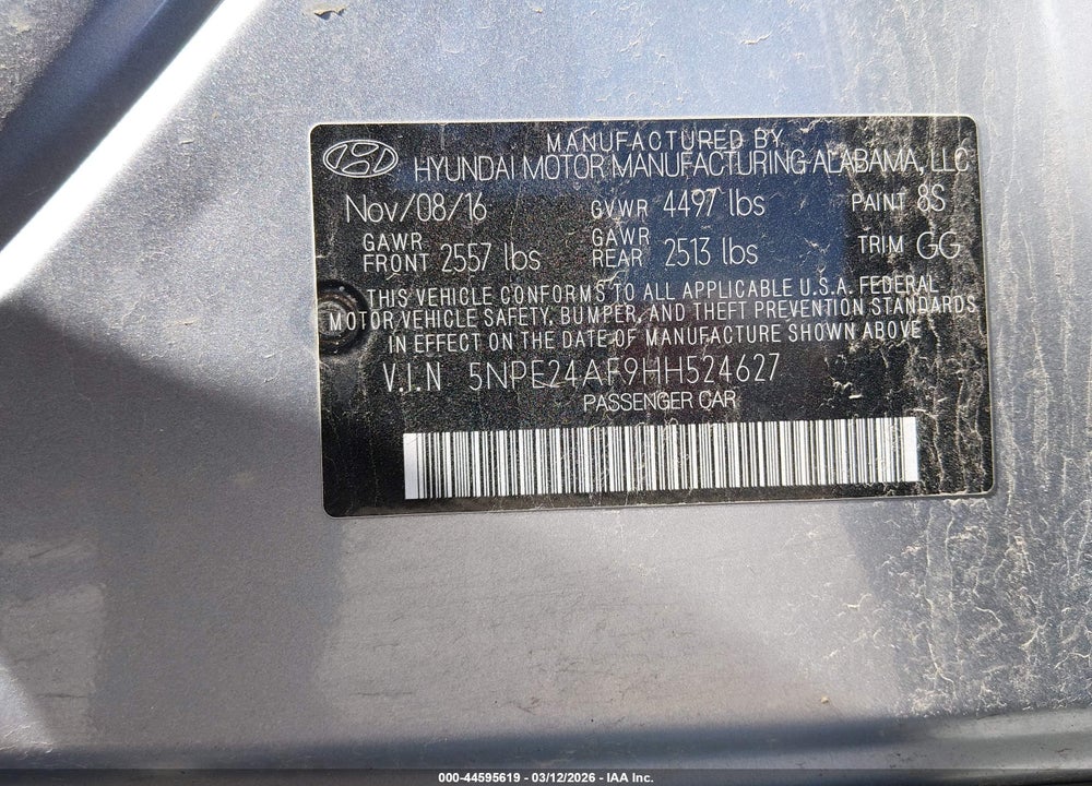 2017 HYUNDAI SONATA SE VIN: 5NPE24AF9HH524627