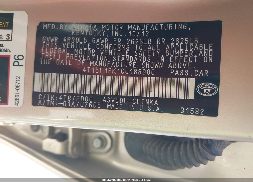 2012 TOYOTA CAMRY LE VIN: 4T1BF1FK1CU188980