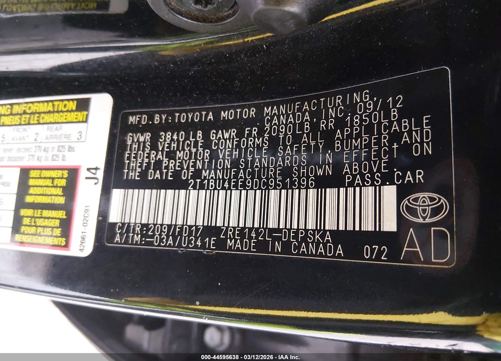 2013 TOYOTA COROLLA S VIN: 2T1BU4EE9DC951396