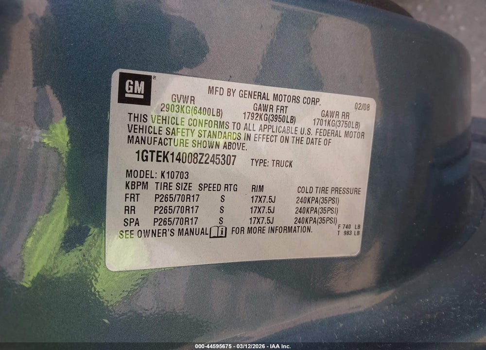 2008 GMC SIERRA 1500 SLE1 VIN: 1GTEK14008Z245307
