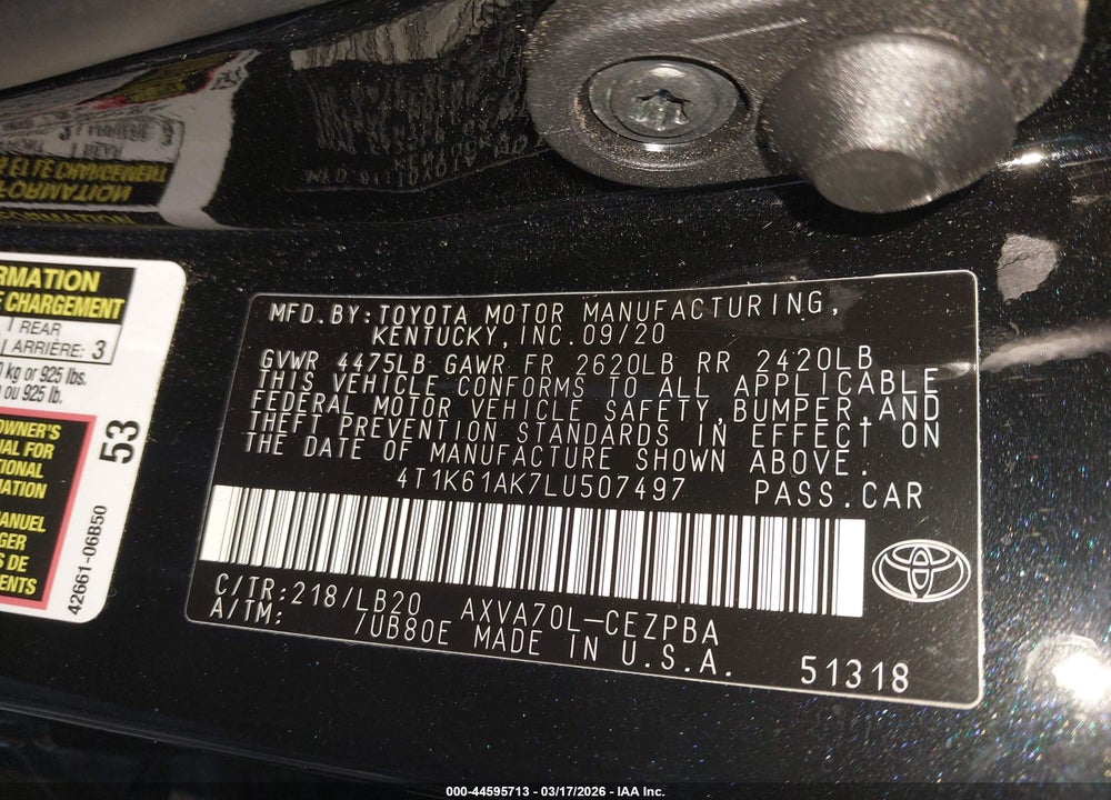2020 TOYOTA CAMRY XSE VIN: 4T1K61AK7LU507497