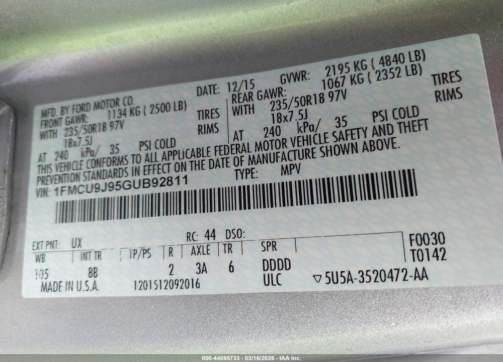 2016 FORD ESCAPE TITANIUM VIN: 1FMCU9J95GUB92811
