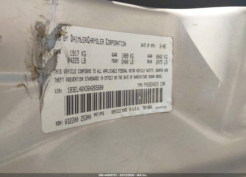 2006 DODGE STRATUS SXT VIN: 1B3EL46X36N265680