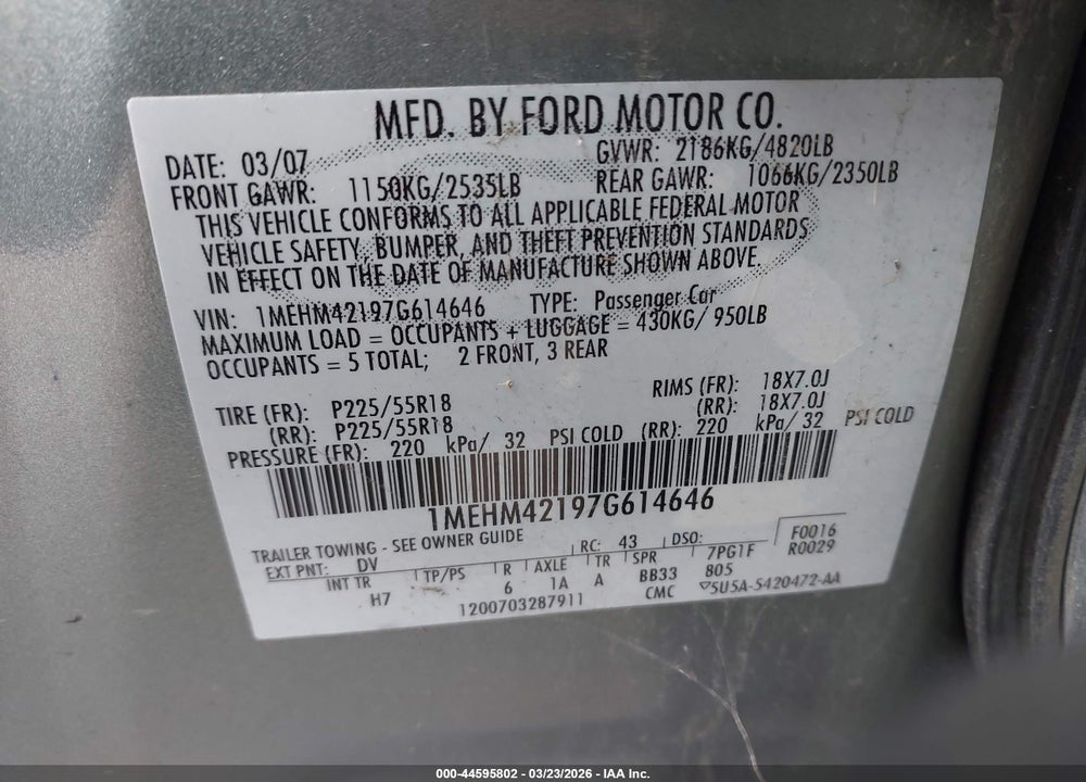 2007 MERCURY MONTEGO PREMIER VIN: 1MEHM42197G614646