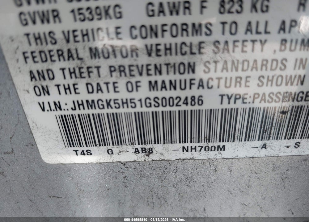 2016 HONDA FIT LX VIN: JHMGK5H51GS002486