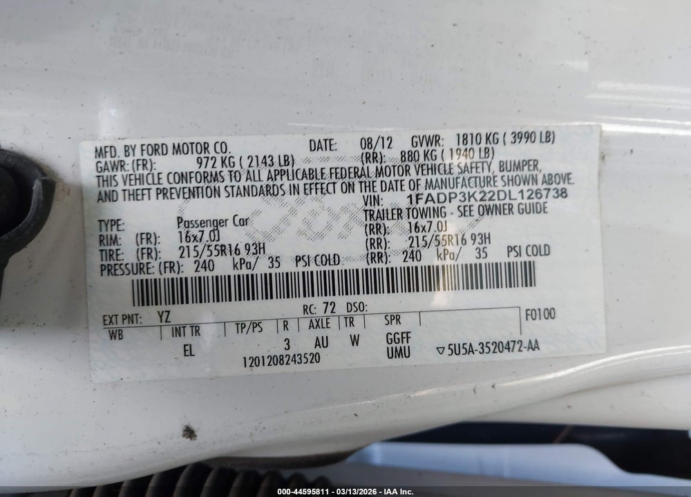 2013 FORD FOCUS SE VIN: 1FADP3K22DL126738