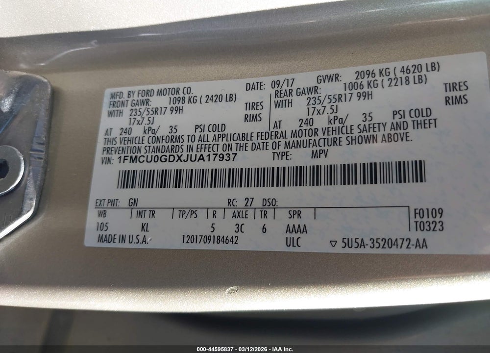 2018 FORD ESCAPE SE VIN: 1FMCU0GDXJUA17937