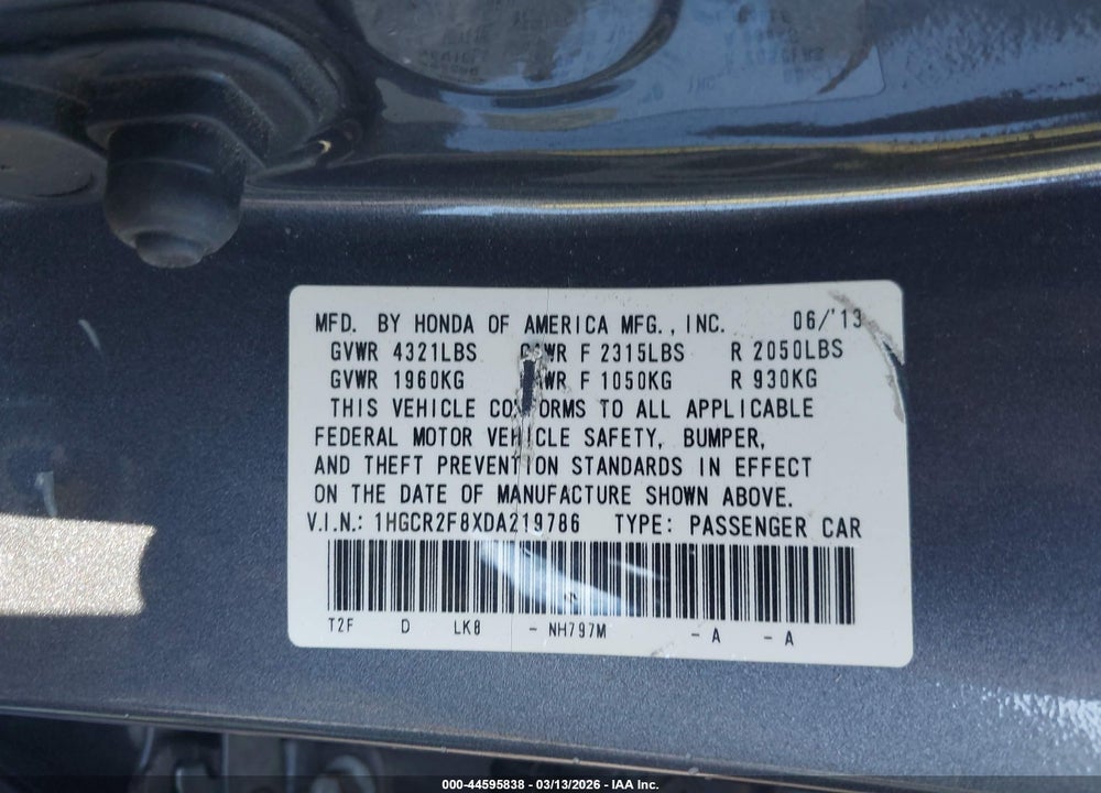 2013 HONDA ACCORD EX-L VIN: 1HGCR2F8XDA219786