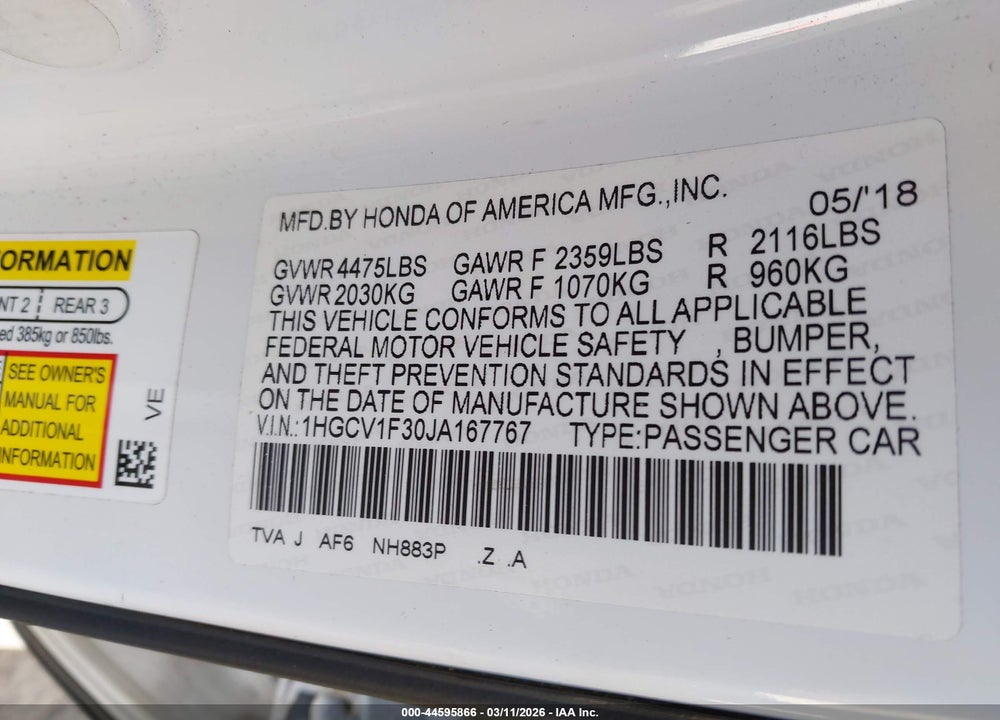 2018 HONDA ACCORD SPORT VIN: 1HGCV1F30JA167767