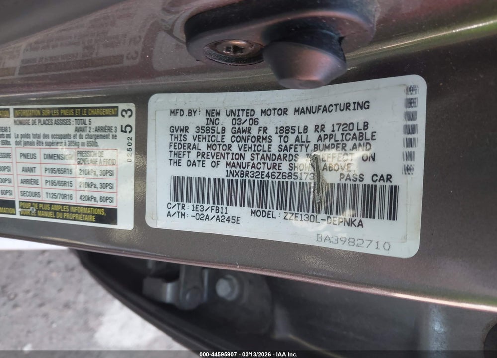 2006 TOYOTA COROLLA LE VIN: 1NXBR32E46Z685173