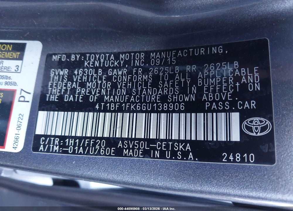 2016 TOYOTA CAMRY SE VIN: 4T1BF1FK6GU138906