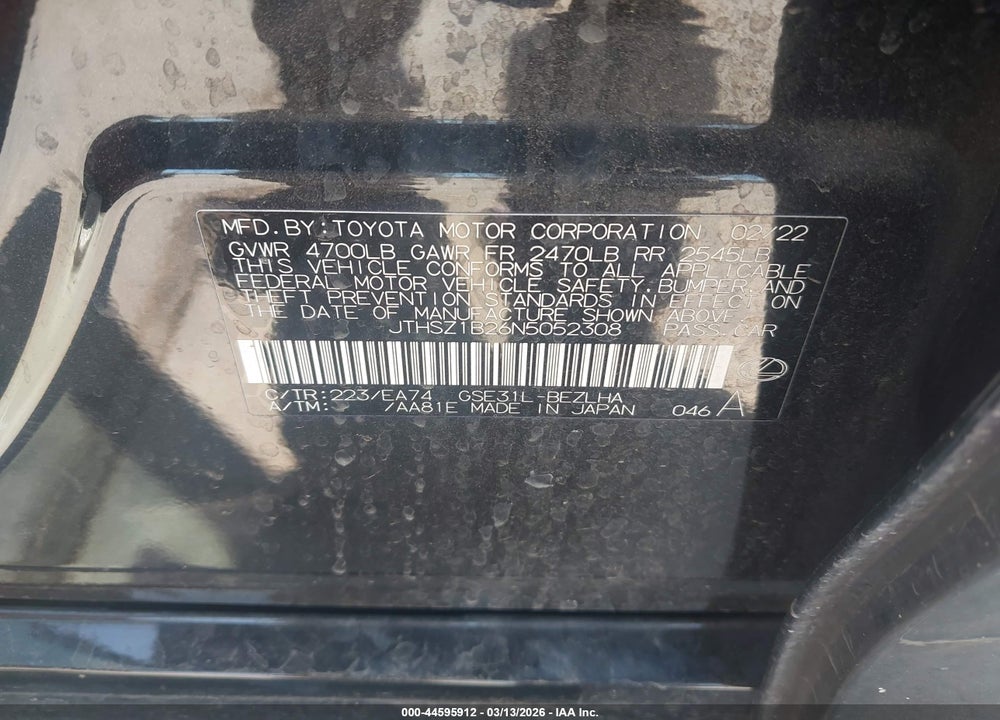 2022 LEXUS IS 350 F SPORT VIN: JTHSZ1B26N5052308
