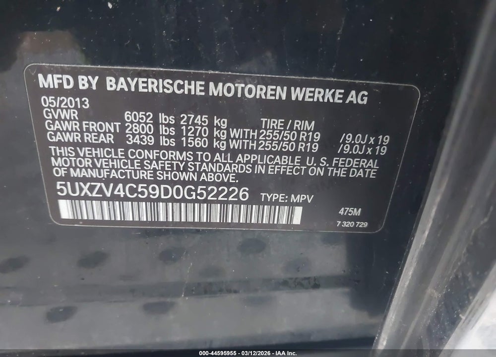 2013 BMW X5 XDRIVE35I/XDRIVE35I PREMIUM/XDRIVE35I SPORT ACTIVITY VIN: 5UXZV4C59D0G52226