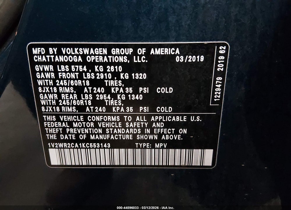 2019 VOLKSWAGEN ATLAS 3.6L V6 SE W/TECHNOLOGY VIN: 1V2WR2CA1KC553143