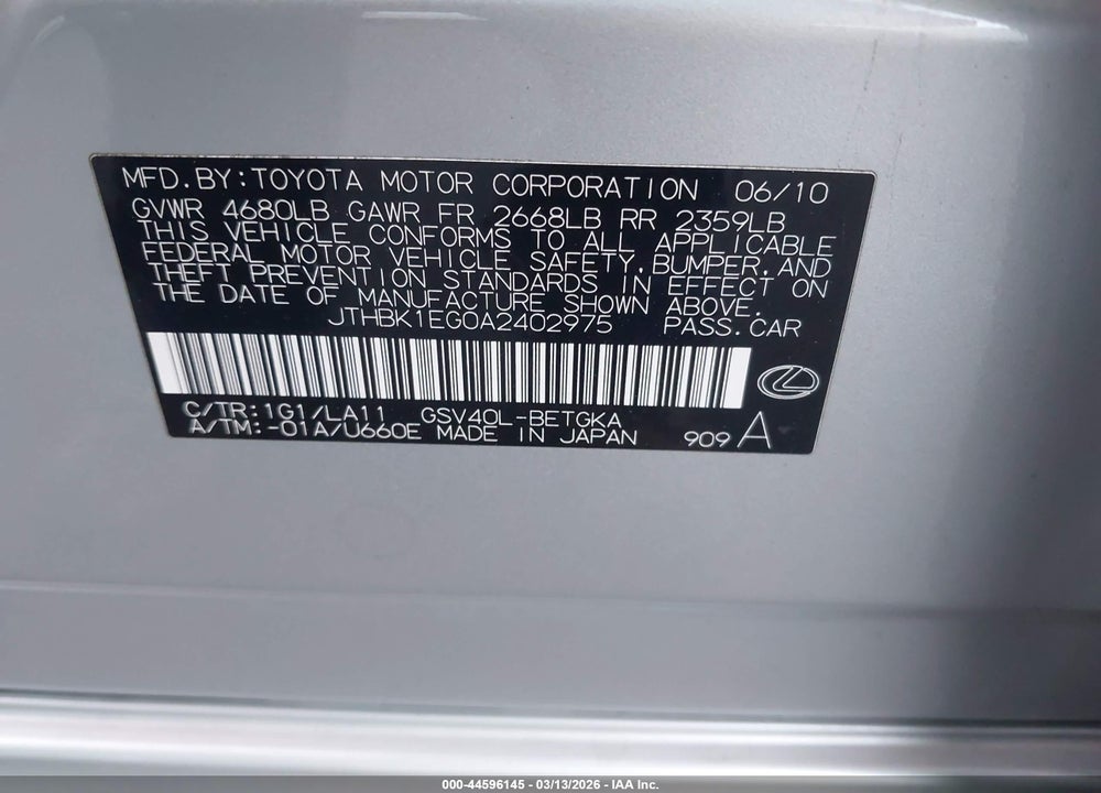 2010 LEXUS ES 350 VIN: JTHBK1EG0A2402975