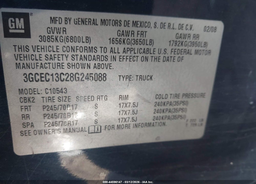 2008 CHEVROLET SILVERADO 1500 LS VIN: 3GCEC13C28G245088