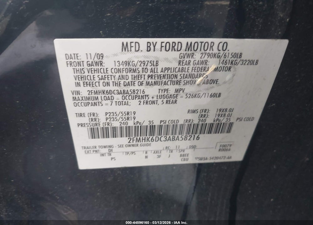 2010 FORD FLEX LIMITED VIN: 2FMHK6DC3ABA58216