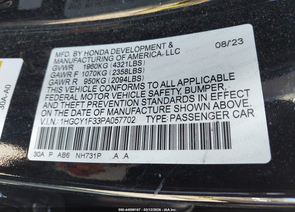 2023 HONDA ACCORD EX VIN: 1HGCY1F33PA057702