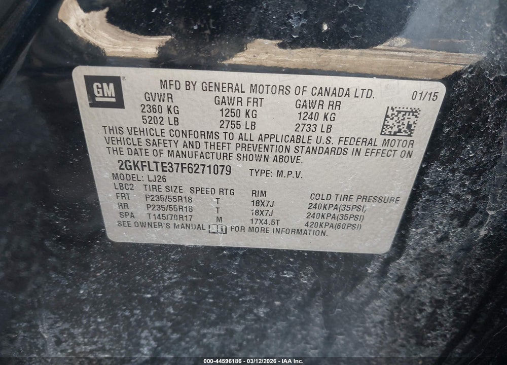 2015 GMC TERRAIN SLT-2 VIN: 2GKFLTE37F6271079