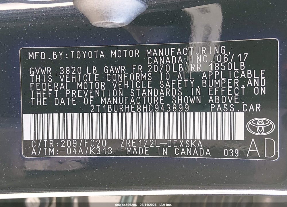 2017 TOYOTA COROLLA SE VIN: 2T1BURHE8HC943899
