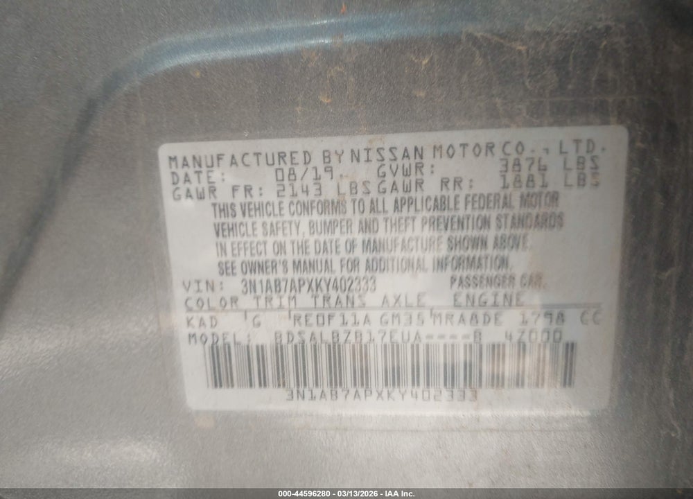2019 NISSAN SENTRA S VIN: 3N1AB7APXKY402333