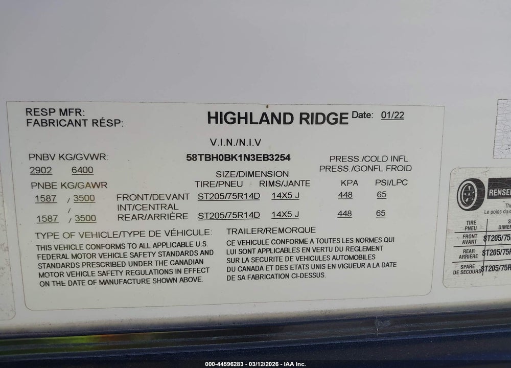 2022 HIGHLAND RIDGE OPEN RANGE 23 VIN: 58TBH0BK1N3EB3254