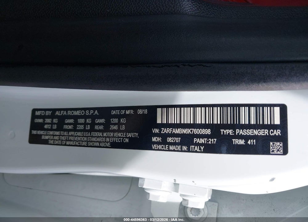 2019 ALFA ROMEO GIULIA TI RWD VIN: ZARFAMBN6K7600898