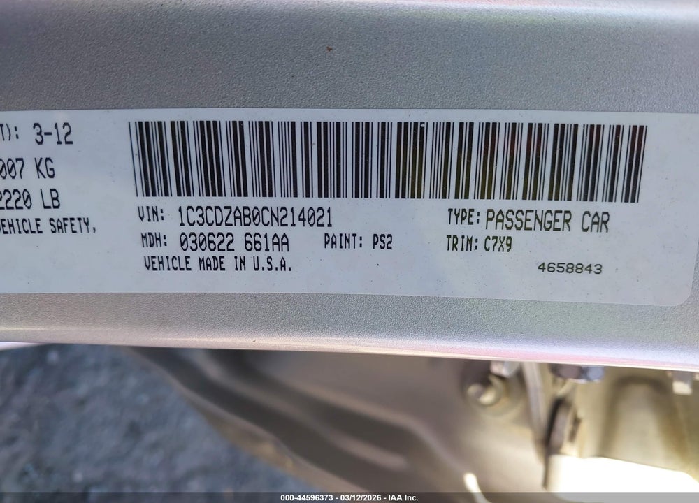 2012 DODGE AVENGER SE VIN: 1C3CDZAB0CN214021
